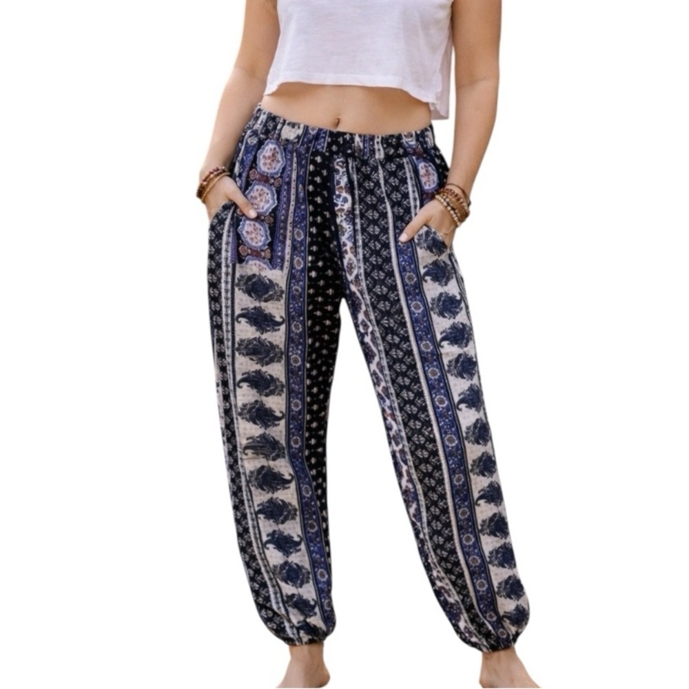 Rewash Medium Jogger Pants Mixed Media Elastic Drawstring Waist Boho Hippie